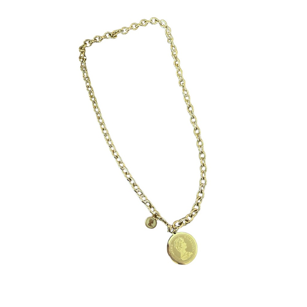 Gold tone coin pendant necklace with a round charm and chain